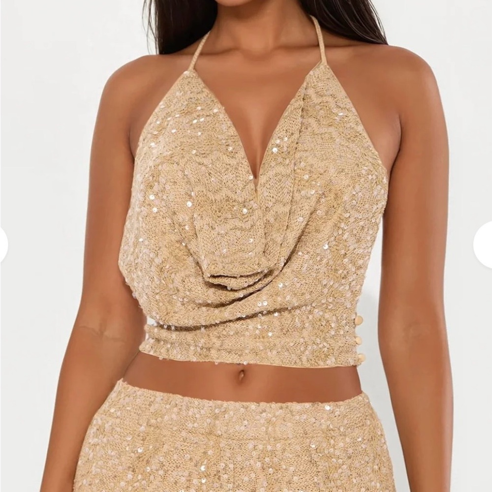 Pearl Tide Crochet halter Wide Leg Set- Tan - Picture 3 of 5